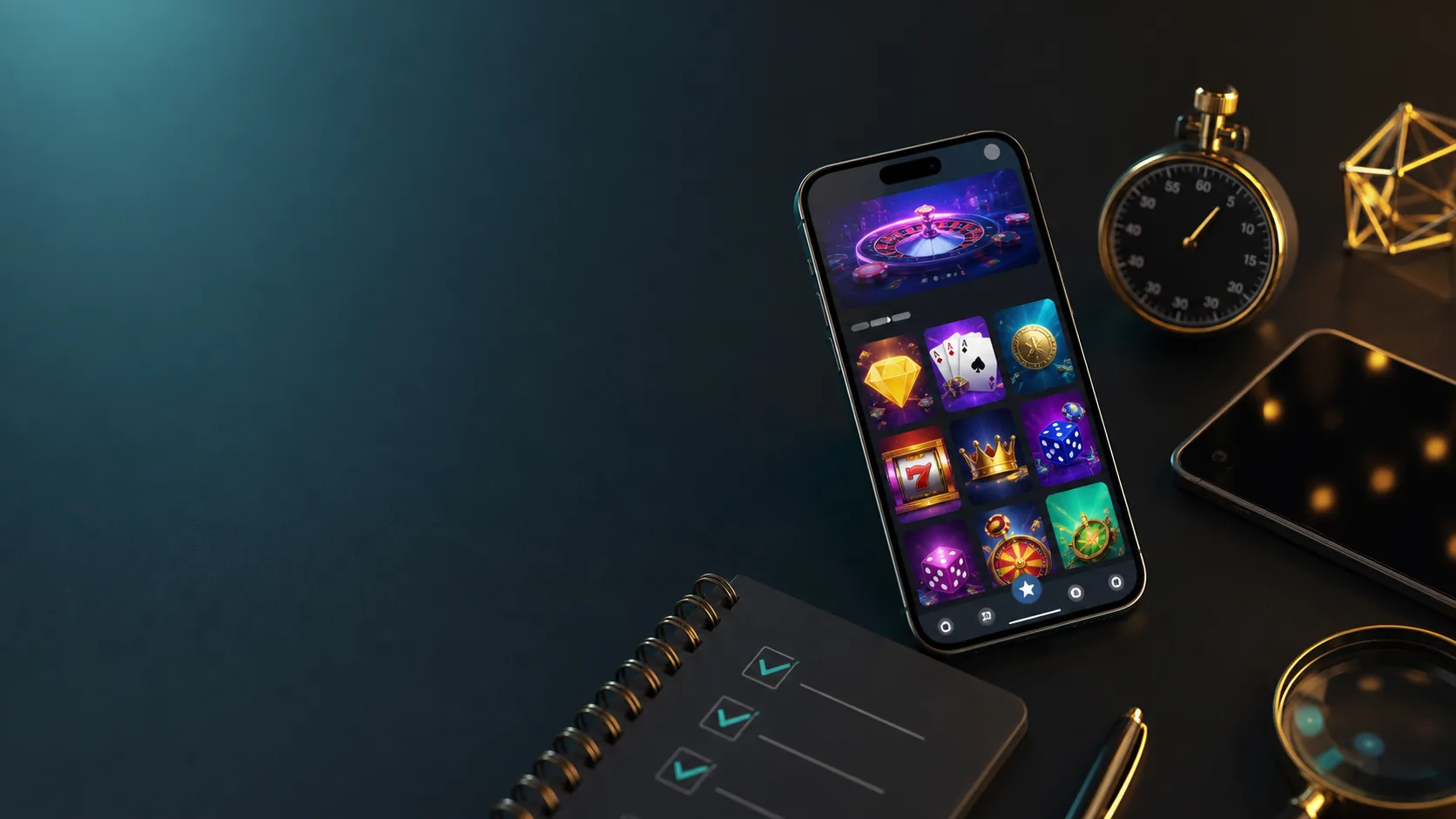 Neutral casino app review setup with a phone, timer and testing checklist