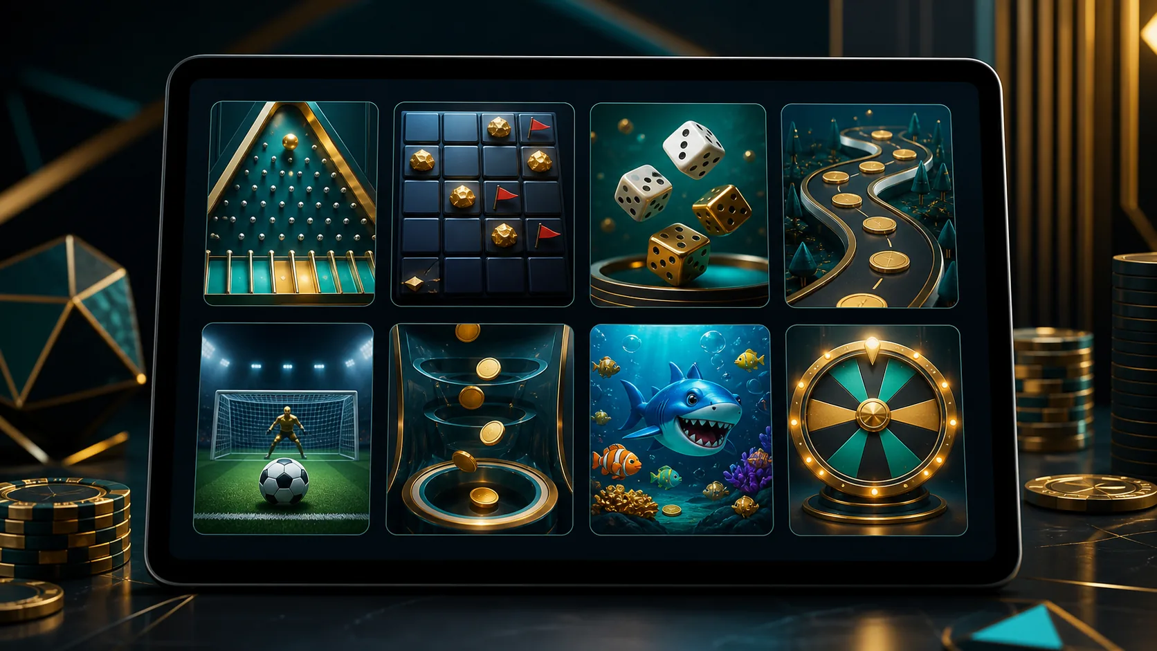 Neutral tablet image showing a casino game catalogue with plinko, dice, mine, sports and wheel game tiles