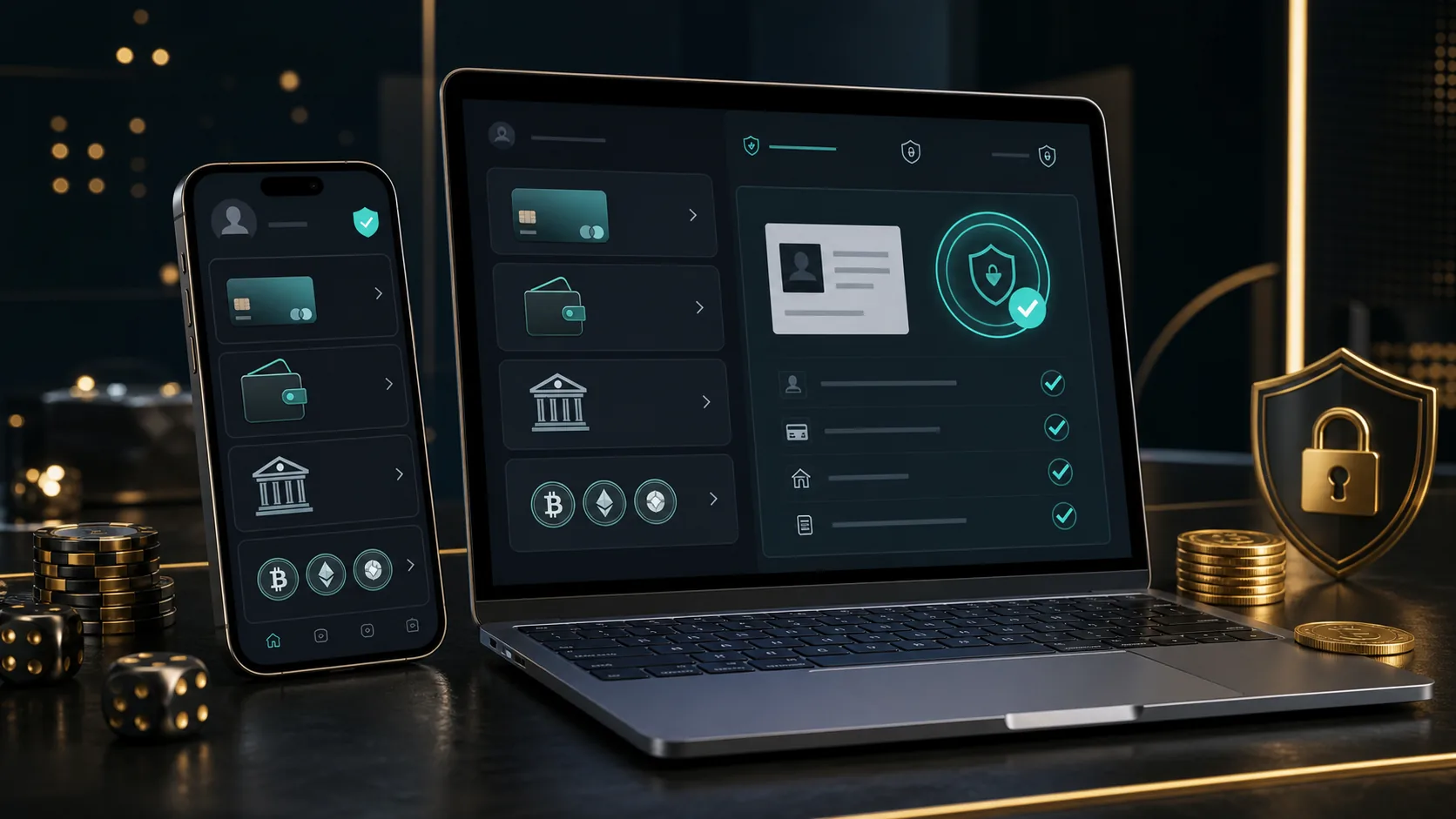 Neutral secure cashier and account verification visual on phone and laptop