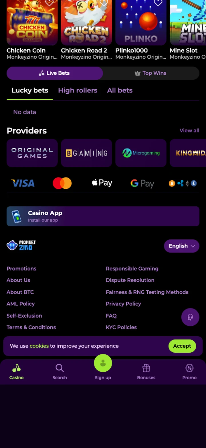 Monkeyzino Originals section in the app showing Chicken Road 2 and Plinko titles