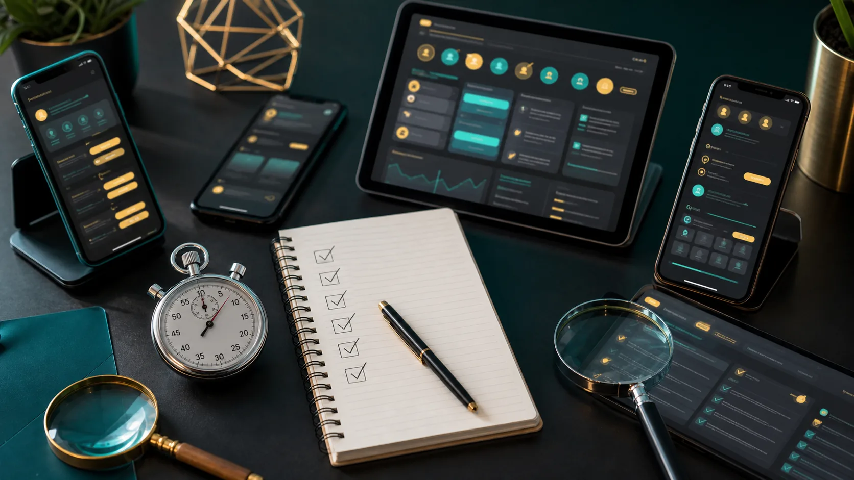 Neutral app review testing desk with phones, tablet, stopwatch and checklist